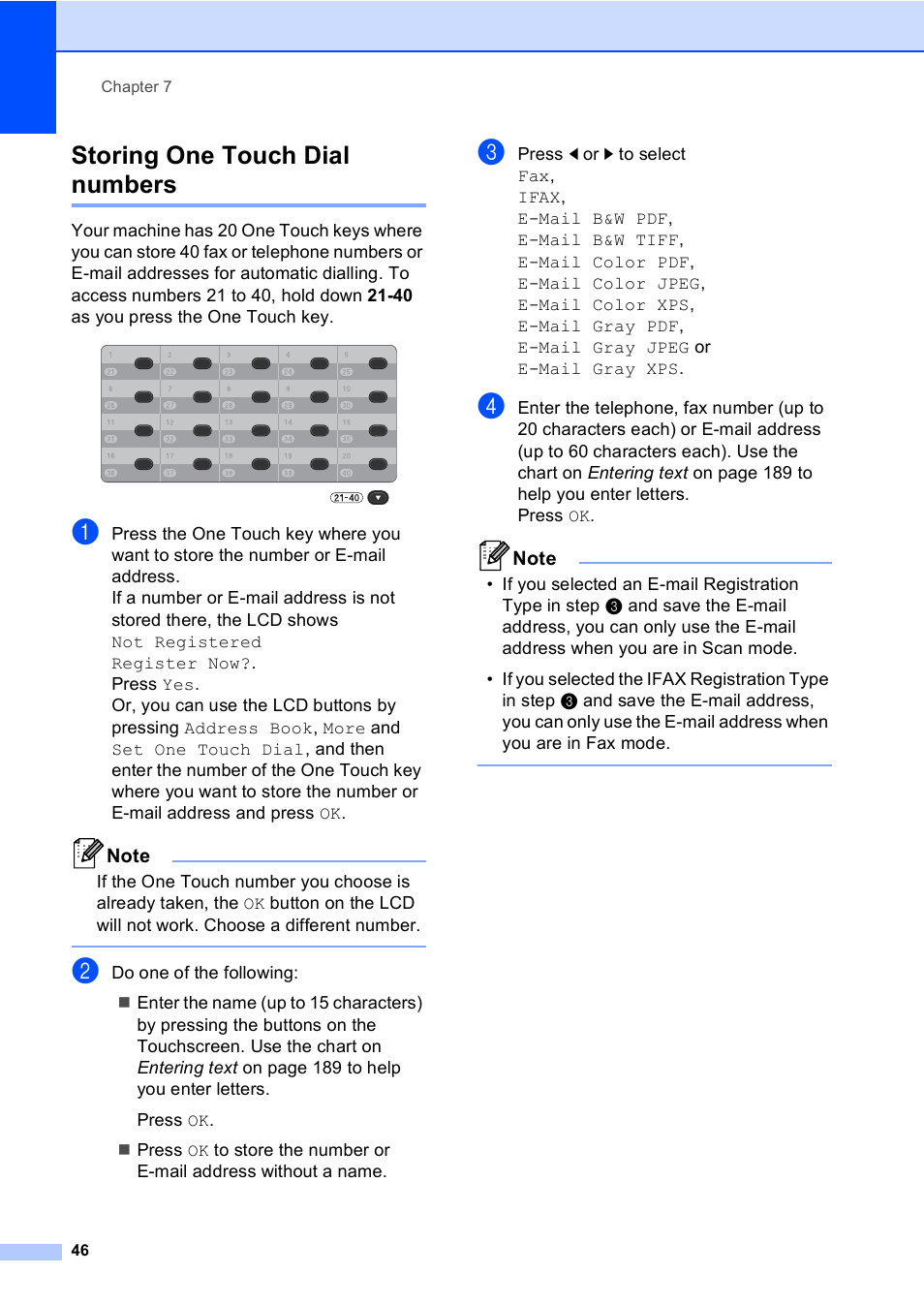 Storing one touch dial numbers | Brother MFC 9970CDW User Manual | Page 54 / 218