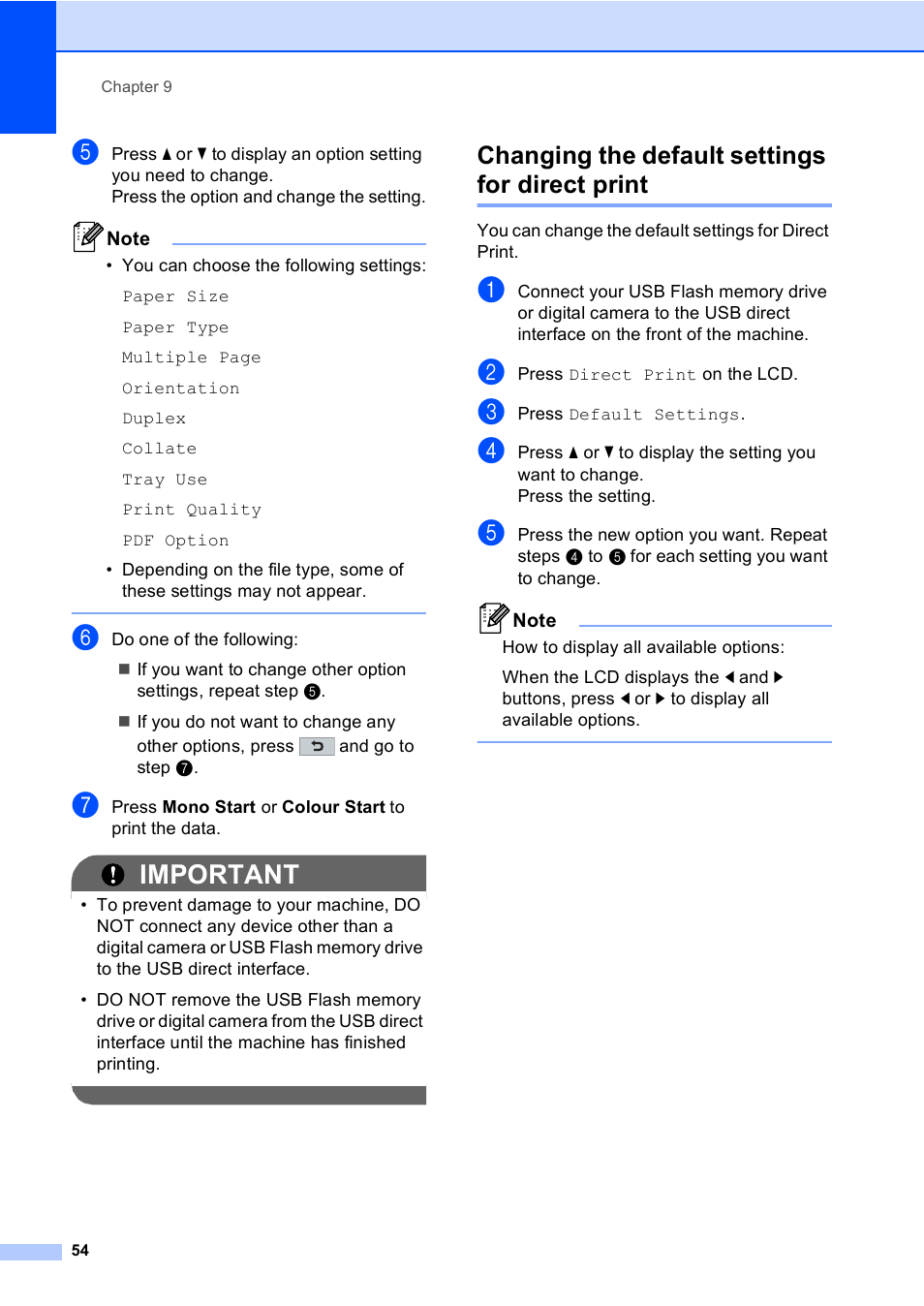 Changing the default settings for direct print, Important | Brother MFC 9970CDW User Manual | Page 62 / 218
