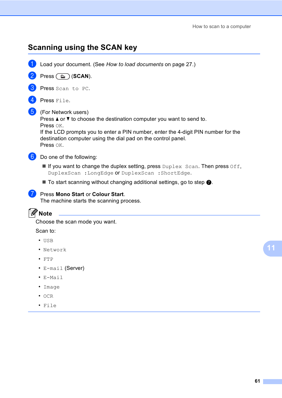 Scanning using the scan key, 11 scanning using the scan key | Brother MFC 9970CDW User Manual | Page 69 / 218