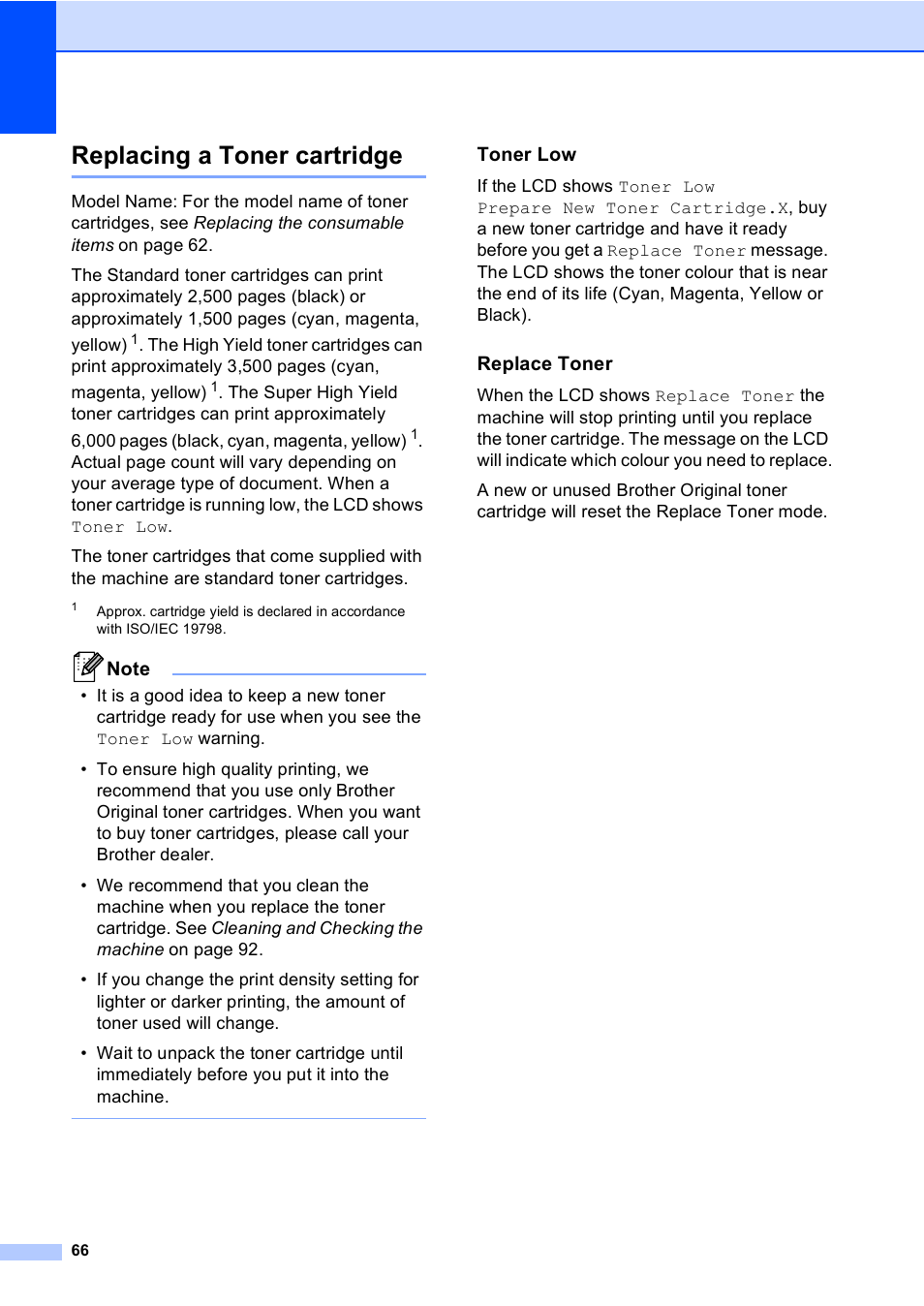 Replacing a toner cartridge, Toner low, Replace toner | Brother MFC 9970CDW User Manual | Page 74 / 218