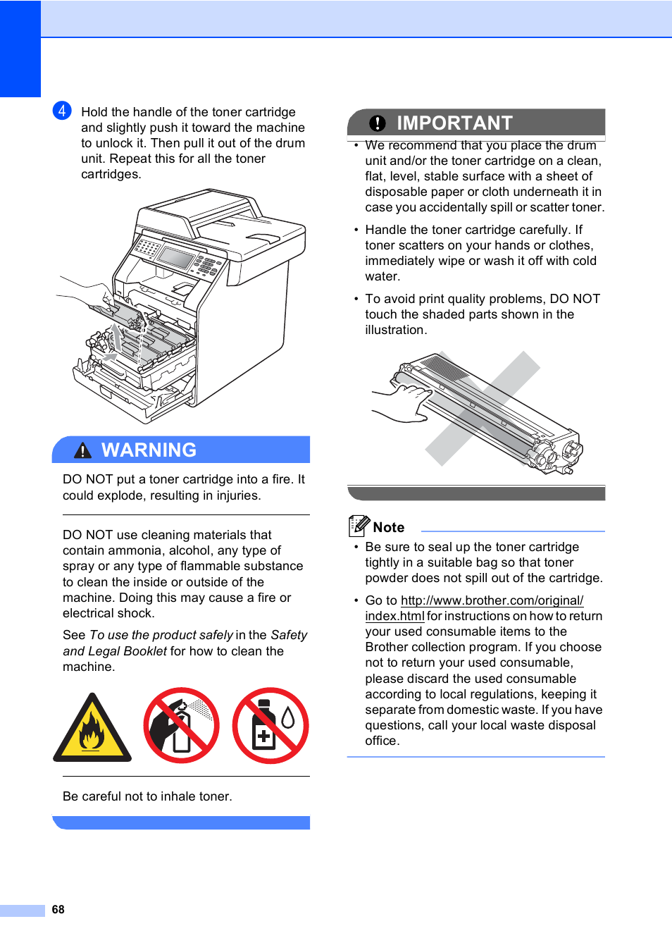 Warning, Important, Be careful not to inhale toner | Brother MFC 9970CDW User Manual | Page 76 / 218