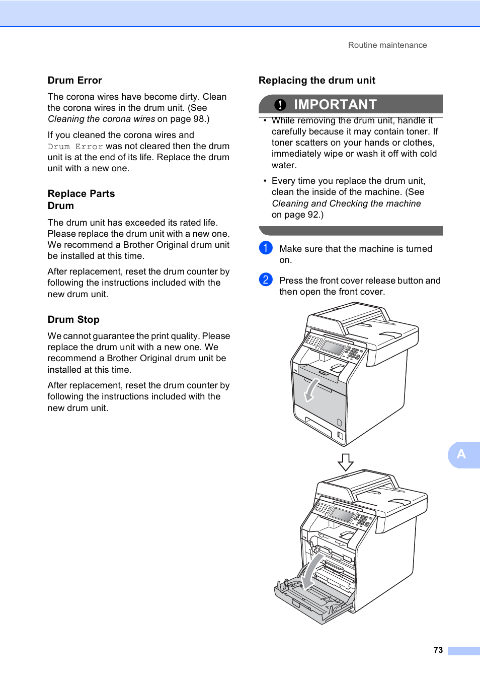 Drum error, Replace parts drum, Drum stop | Replacing the drum unit, Important | Brother MFC 9970CDW User Manual | Page 81 / 218