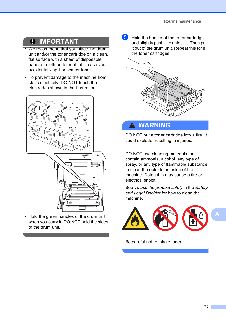 Important, Warning, Be careful not to inhale toner | Brother MFC 9970CDW User Manual | Page 83 / 218