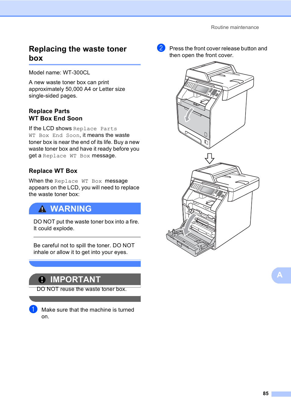 Replacing the waste toner box, Replace parts wt box end soon, Replace wt box | Warning, Important, Areplacing the waste toner box | Brother MFC 9970CDW User Manual | Page 93 / 218