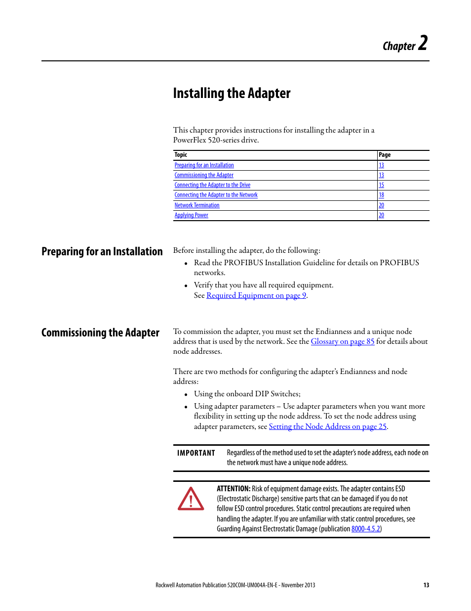 Installing the adapter, Preparing for an installation, Commissioning the adapter | Chapter 2, Chapter | Rockwell Automation 25-COMM-P PowerFlex PROFIBUS DPV1 Adapter User Manual | Page 13 / 94