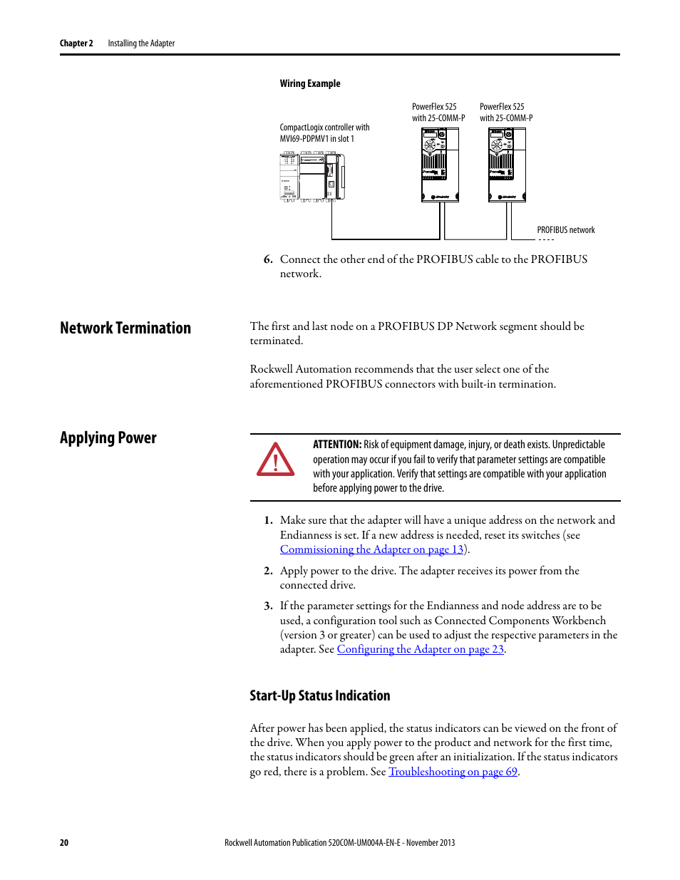 Network termination, Applying power, Start-up status indication | Network termination applying power | Rockwell Automation 25-COMM-P PowerFlex PROFIBUS DPV1 Adapter User Manual | Page 20 / 94