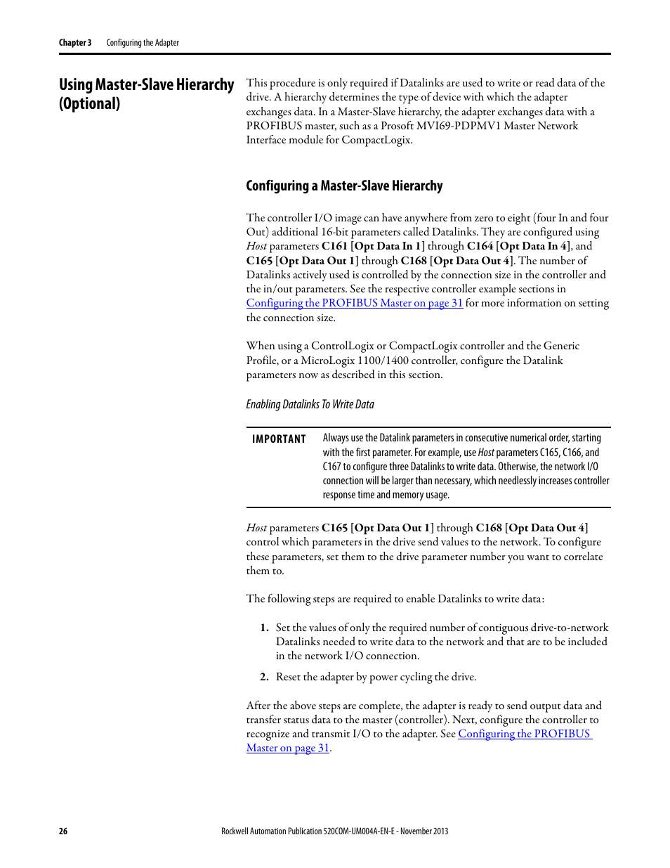 Using master-slave hierarchy (optional), Configuring a master-slave hierarchy | Rockwell Automation 25-COMM-P PowerFlex PROFIBUS DPV1 Adapter User Manual | Page 26 / 94