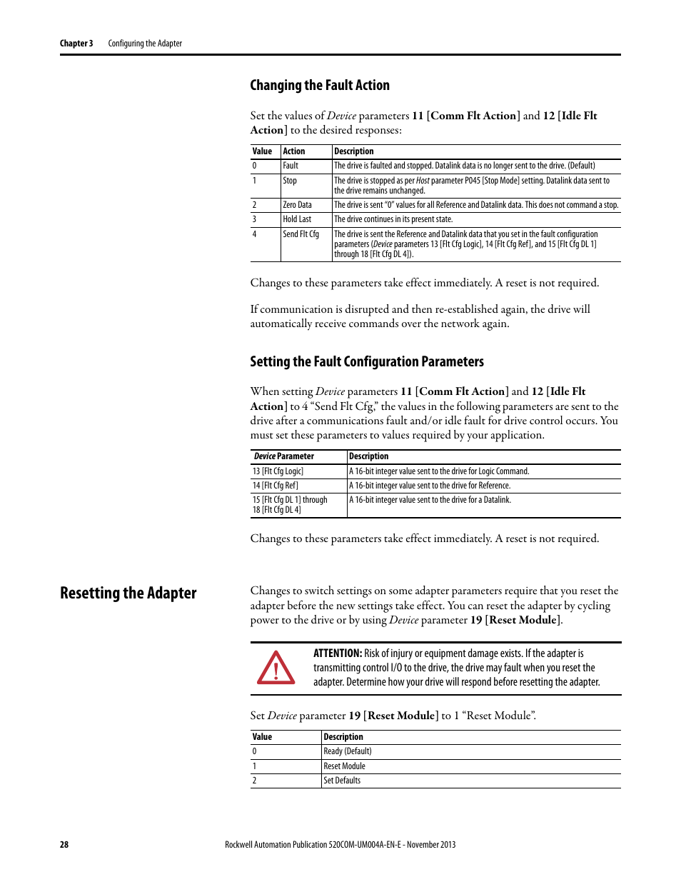 Changing the fault action, Setting the fault configuration parameters, Resetting the adapter | Rockwell Automation 25-COMM-P PowerFlex PROFIBUS DPV1 Adapter User Manual | Page 28 / 94