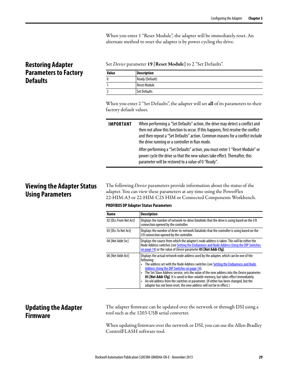 Restoring adapter parameters to factory defaults, Viewing the adapter status using parameters, Updating the adapter firmware | Rockwell Automation 25-COMM-P PowerFlex PROFIBUS DPV1 Adapter User Manual | Page 29 / 94