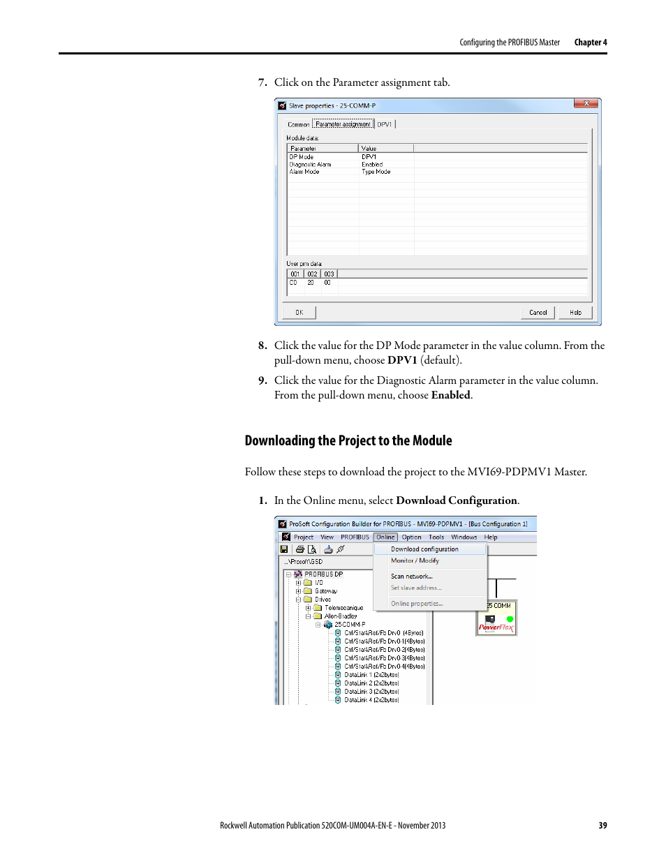 Downloading the project to the module | Rockwell Automation 25-COMM-P PowerFlex PROFIBUS DPV1 Adapter User Manual | Page 39 / 94