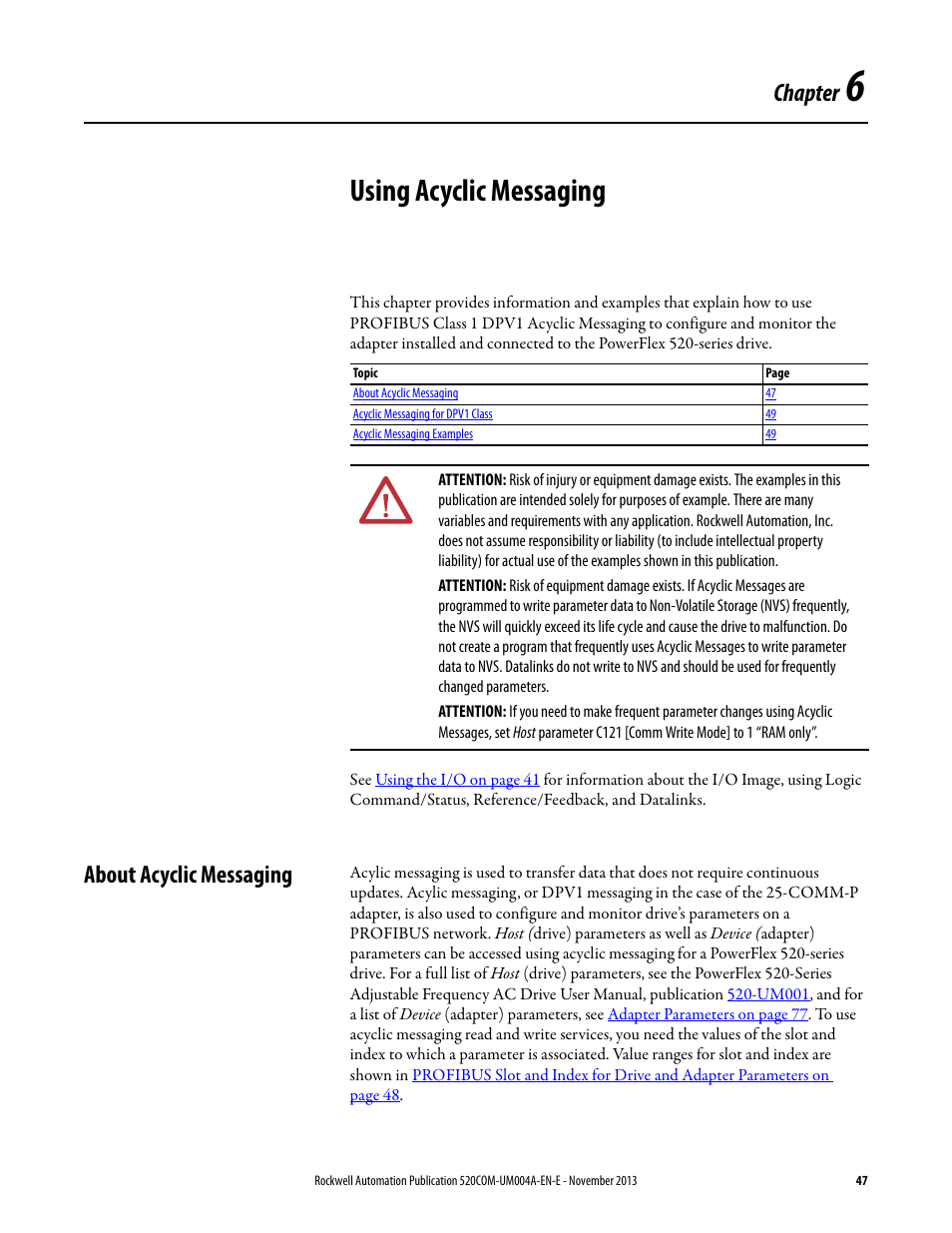 Using acyclic messaging, About acyclic messaging, Chapter 6 | Chapter | Rockwell Automation 25-COMM-P PowerFlex PROFIBUS DPV1 Adapter User Manual | Page 47 / 94