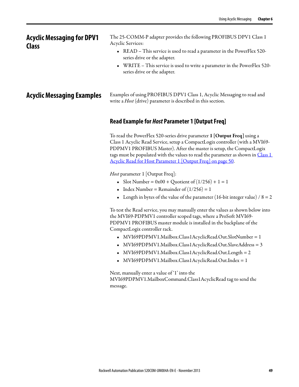 Acyclic messaging for dpv1 class, Acyclic messaging examples, Read example for host parameter 1 [output freq | Rockwell Automation 25-COMM-P PowerFlex PROFIBUS DPV1 Adapter User Manual | Page 49 / 94