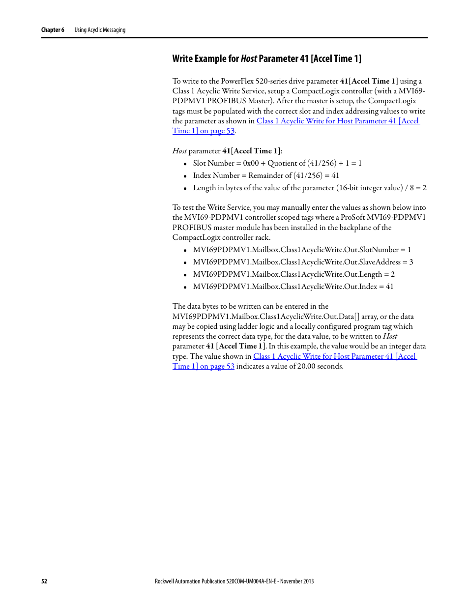 Write example for host parameter 41 [accel time 1 | Rockwell Automation 25-COMM-P PowerFlex PROFIBUS DPV1 Adapter User Manual | Page 52 / 94