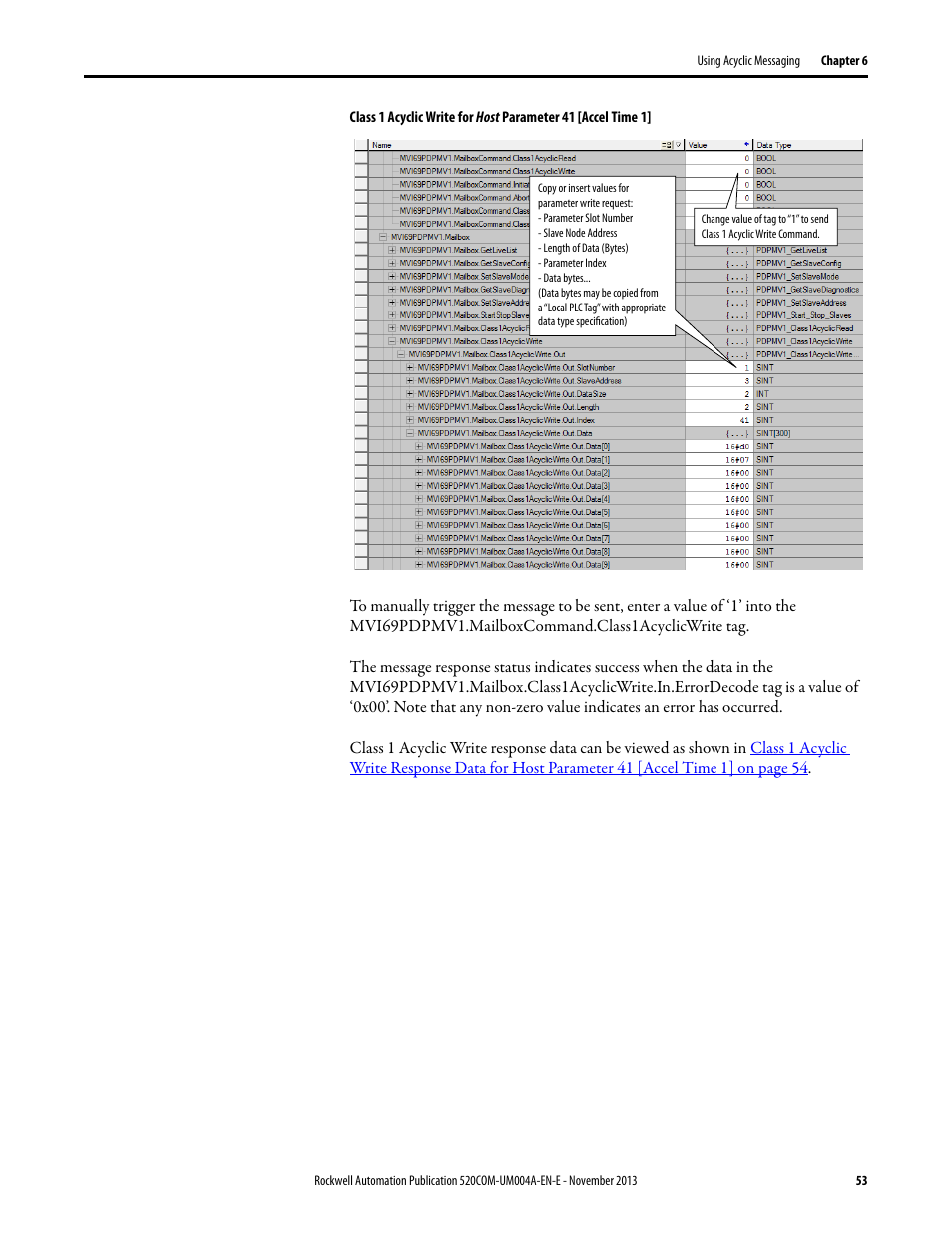 Class 1 acyclic write for host parameter 41 [accel, N in | Rockwell Automation 25-COMM-P PowerFlex PROFIBUS DPV1 Adapter User Manual | Page 53 / 94