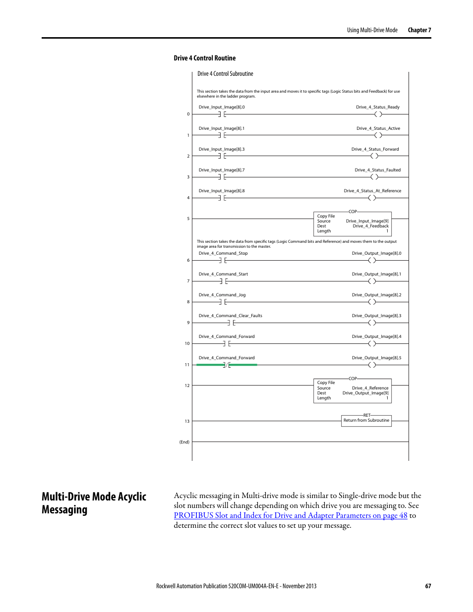 Multi-drive mode acyclic messaging, Drive 4 control routine, Drive 4 control subroutine | Rockwell Automation 25-COMM-P PowerFlex PROFIBUS DPV1 Adapter User Manual | Page 67 / 94