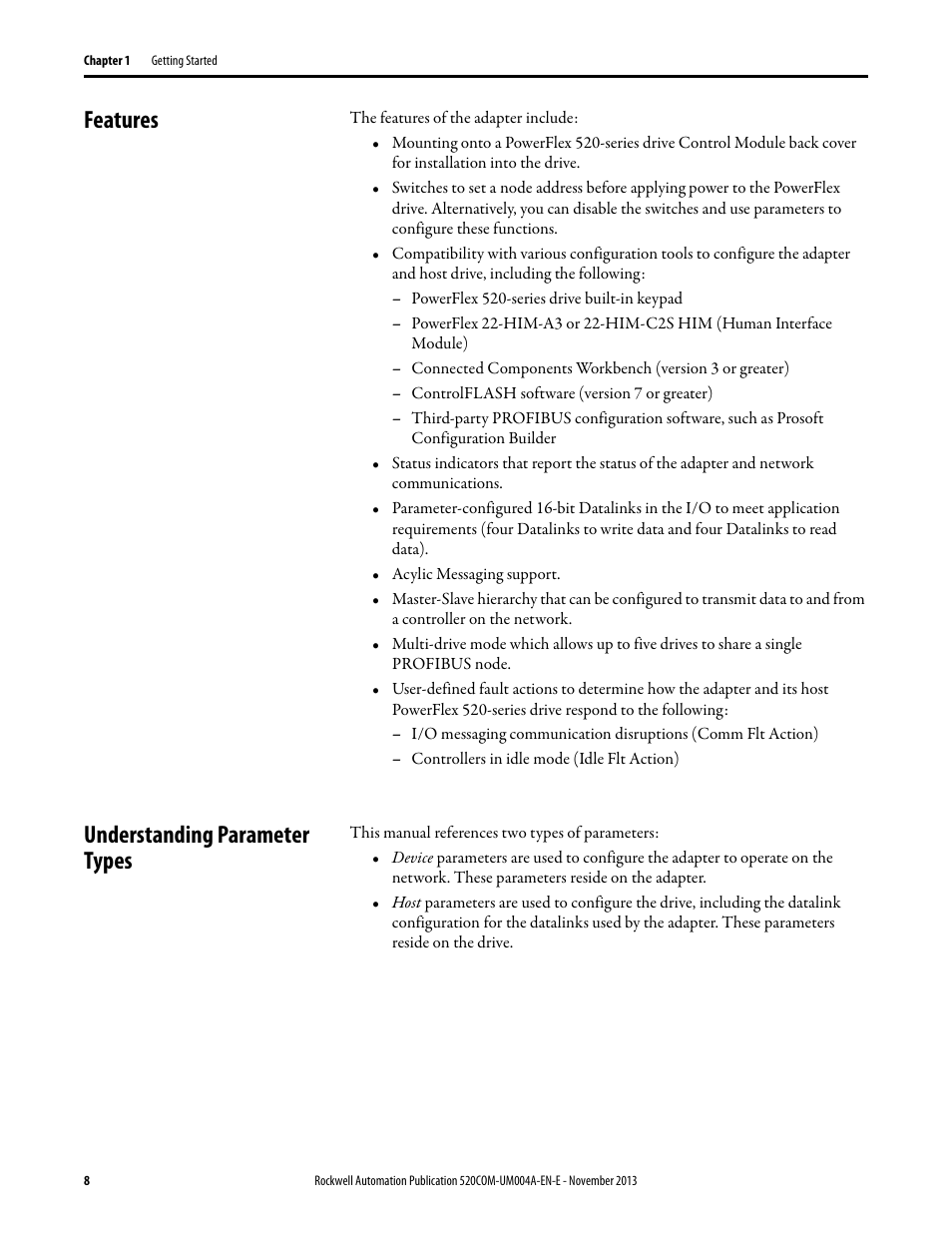 Features, Understanding parameter types, Features understanding parameter types | Rockwell Automation 25-COMM-P PowerFlex PROFIBUS DPV1 Adapter User Manual | Page 8 / 94