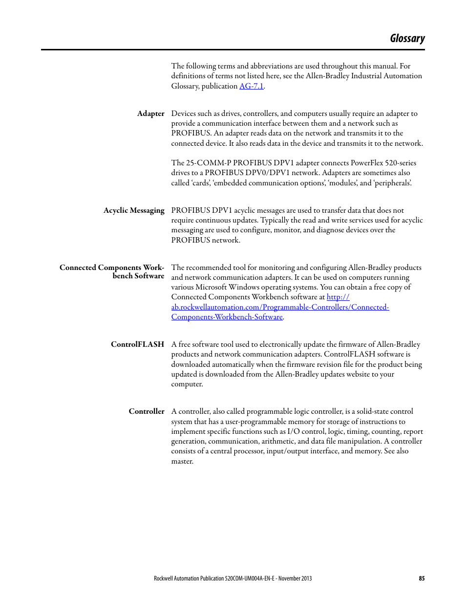 Glossary | Rockwell Automation 25-COMM-P PowerFlex PROFIBUS DPV1 Adapter User Manual | Page 85 / 94