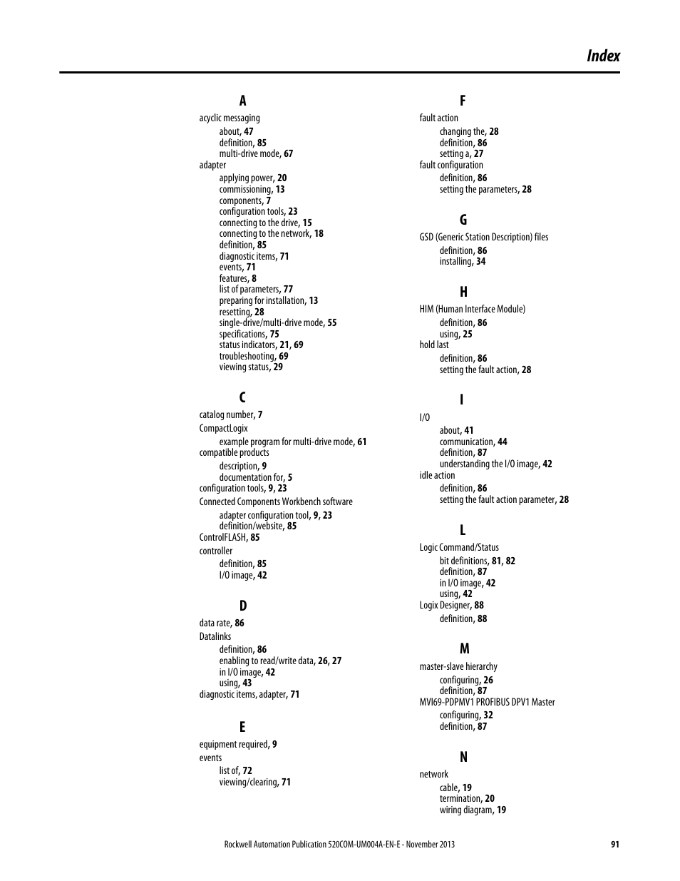 Index | Rockwell Automation 25-COMM-P PowerFlex PROFIBUS DPV1 Adapter User Manual | Page 91 / 94