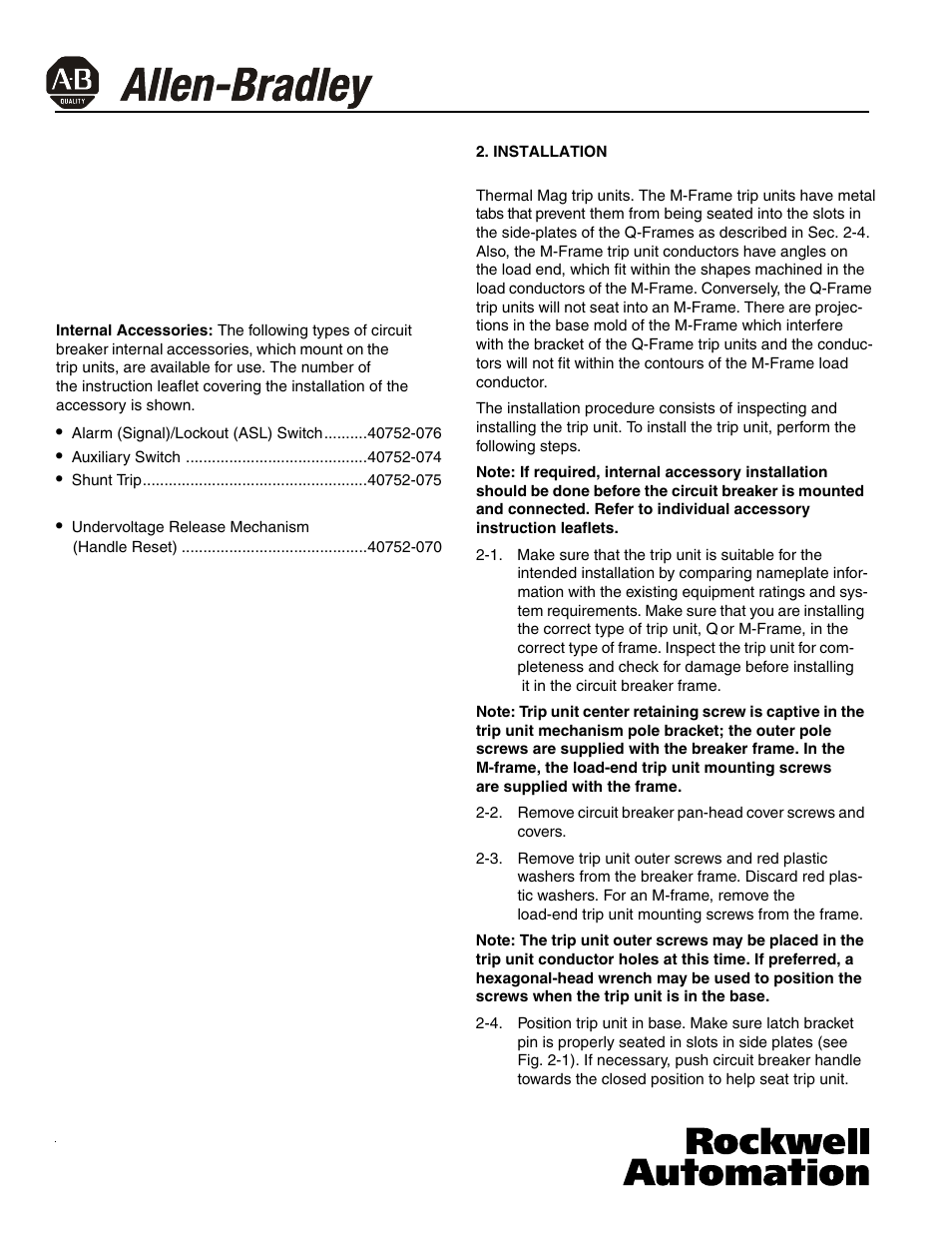 Rockwell Automation 140U Q, M Frame CB Installation and Operation for Thermal Magnetic Trip Units User Manual | Page 2 / 8