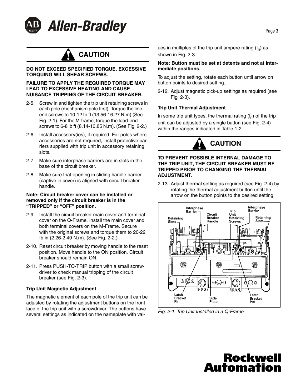 Caution | Rockwell Automation 140U Q, M Frame CB Installation and Operation for Thermal Magnetic Trip Units User Manual | Page 3 / 8