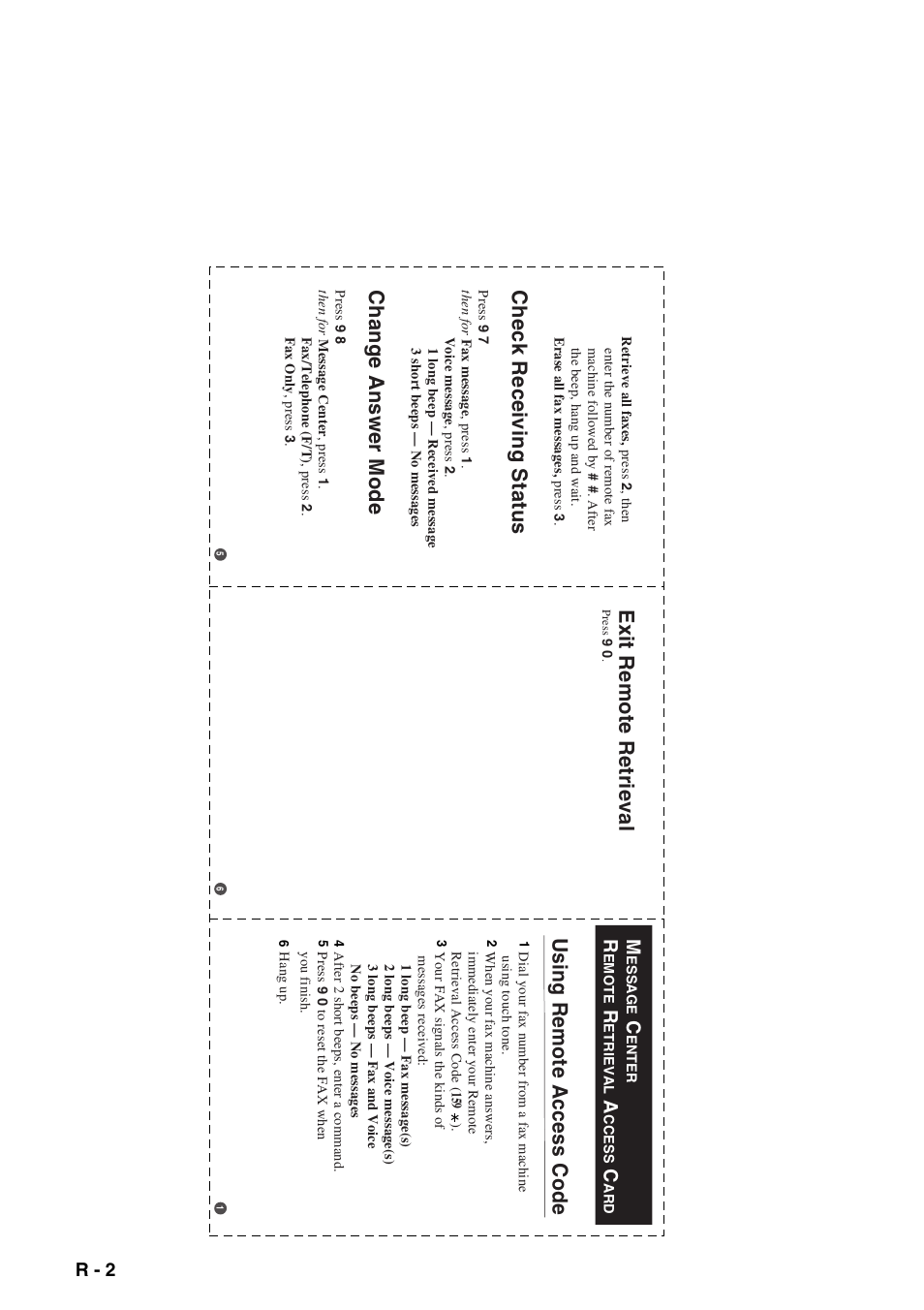 Check receiving status, Change answer mode, Exit remote retrieval | Using remote access code, R - 2 | Brother FAX-1575mc User Manual | Page 114 / 116