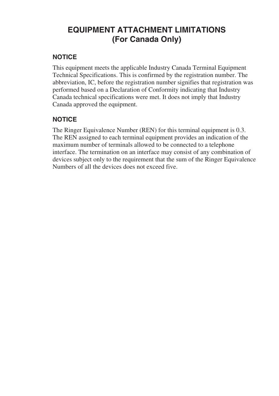 Equipment attachment limitations (for canada only) | Brother FAX-1575mc User Manual | Page 115 / 116