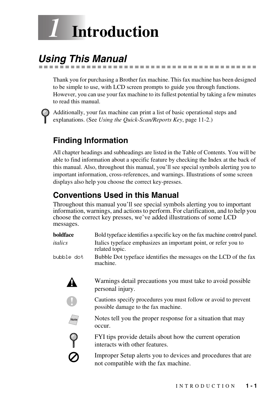 1 introduction, Using this manual, Finding information | Conventions used in this manual, Introduction -1, Using this manual -1, Introduction | Brother FAX-1575mc User Manual | Page 15 / 116