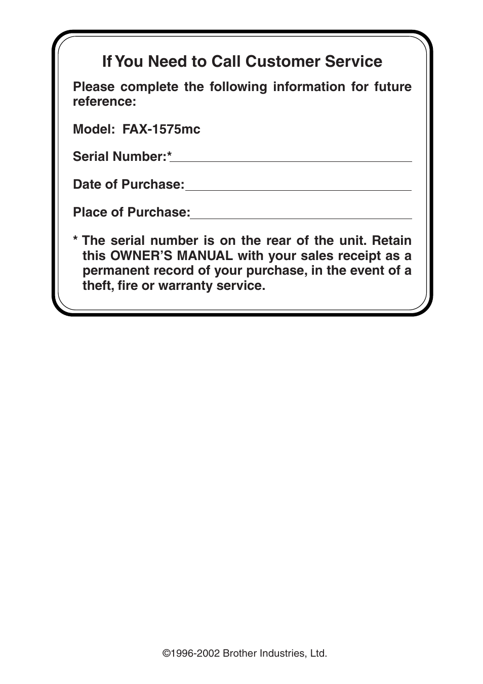 If you need to call customer service | Brother FAX-1575mc User Manual | Page 2 / 116