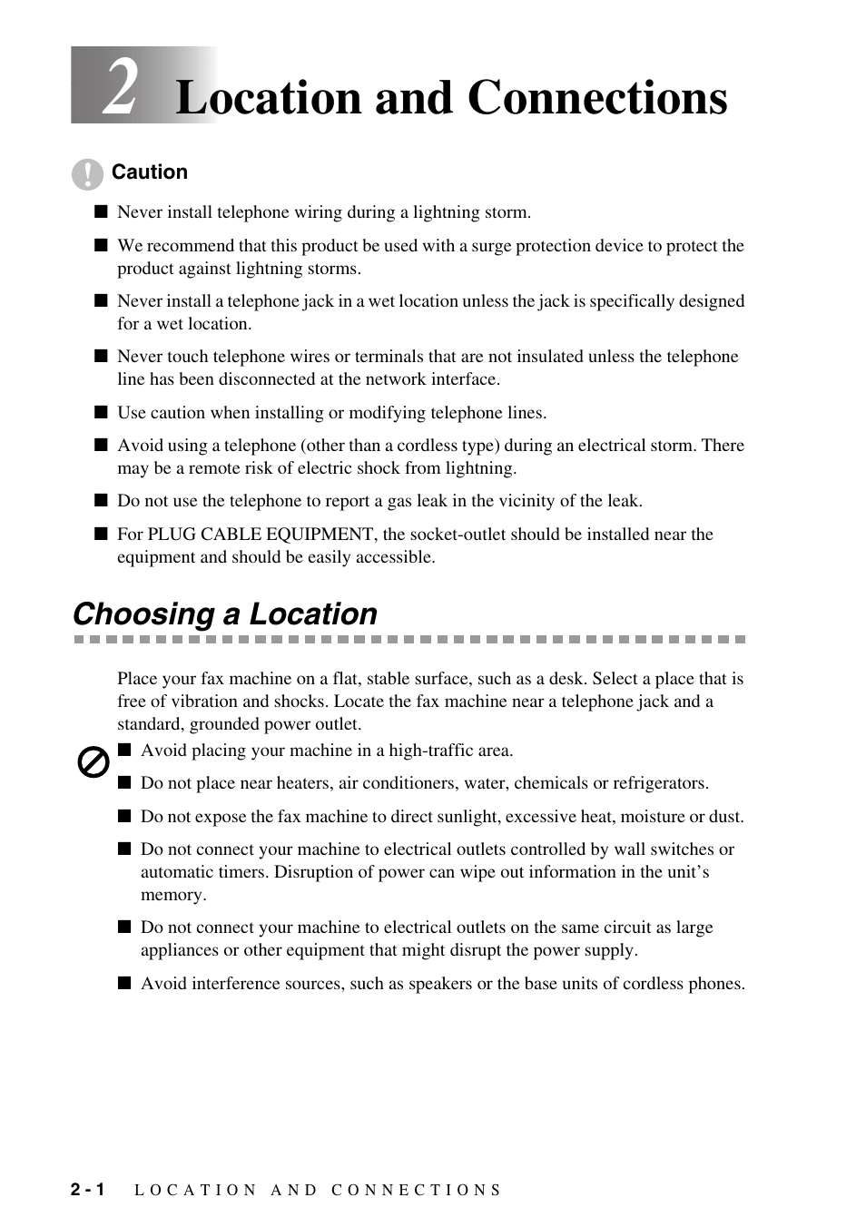 2 location and connections, Choosing a location, Location and connections -1 | Choosing a location -1, Location and connections | Brother FAX-1575mc User Manual | Page 20 / 116