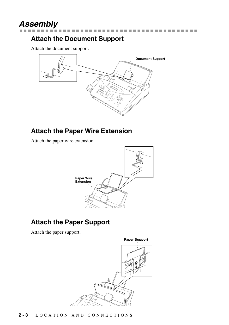 Assembly, Attach the document support, Attach the paper wire extension | Attach the paper support, Assembly -3 | Brother FAX-1575mc User Manual | Page 22 / 116