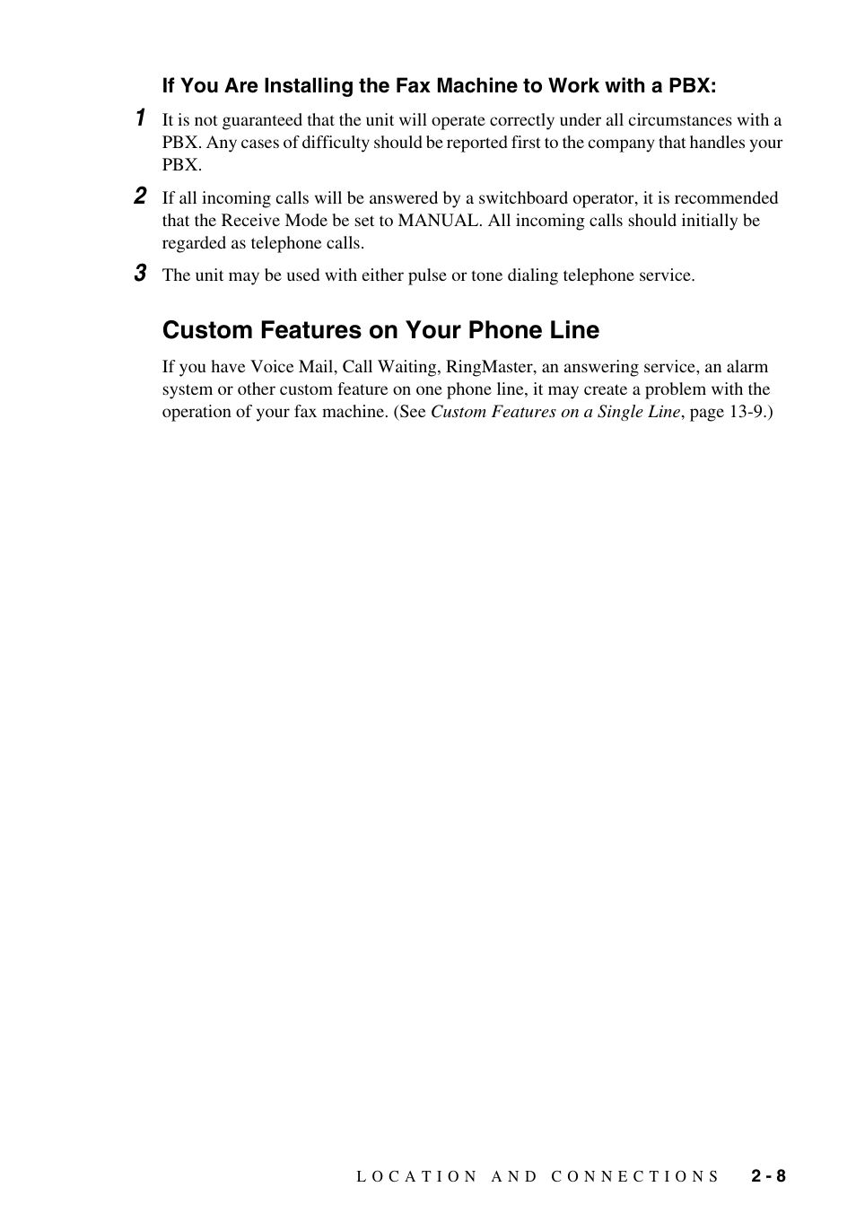 Custom features on your phone line, Pbx: -8, Custom features on your phone line -8 | Easy receive -4 | Brother FAX-1575mc User Manual | Page 27 / 116