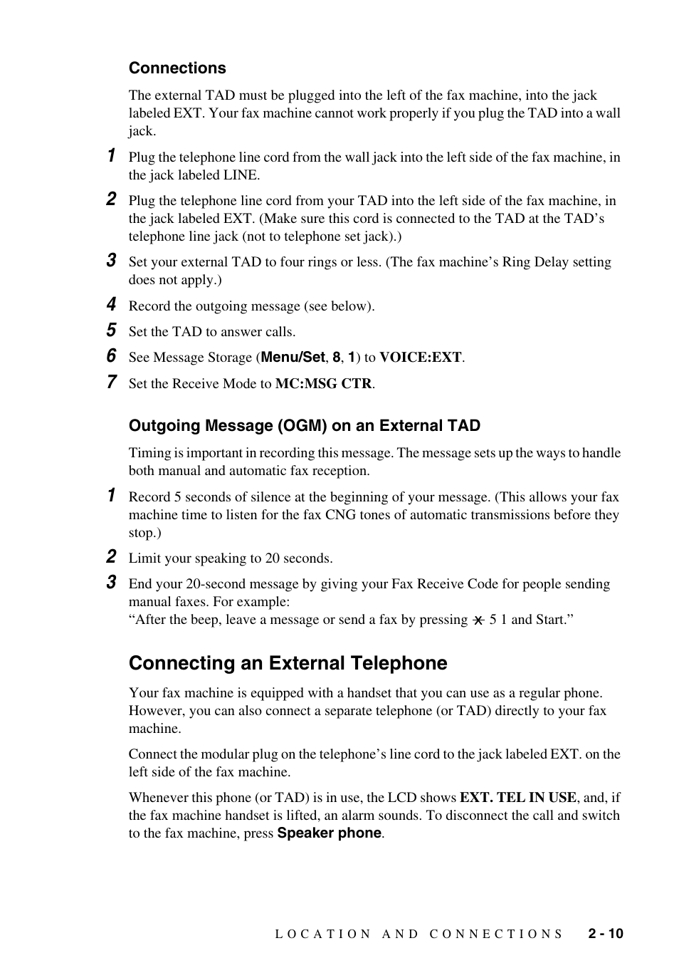 Connections, Outgoing message (ogm) on an external tad, Connecting an external telephone | Connecting an external telephone -10 | Brother FAX-1575mc User Manual | Page 29 / 116