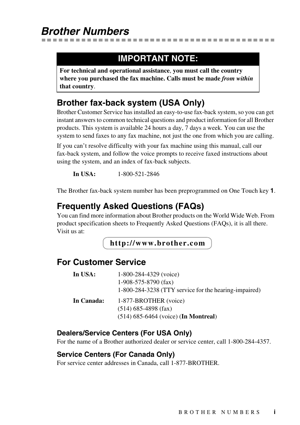 Brother numbers, Brother fax-back system (usa only), Frequently asked questions (faqs) | For customer service | Brother FAX-1575mc User Manual | Page 3 / 116