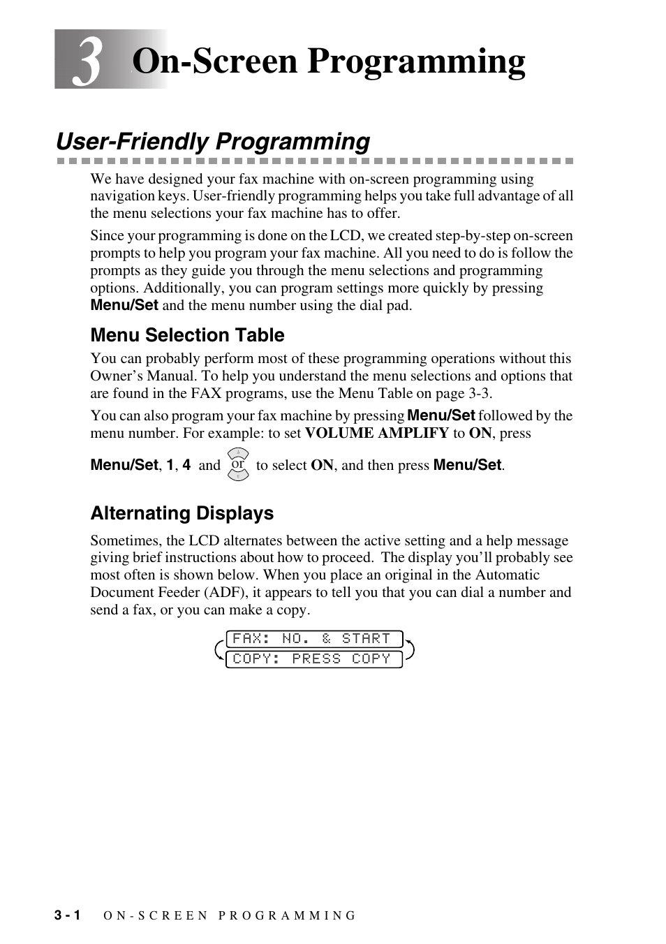 3 on-screen programming, User-friendly programming, Menu selection table | Alternating displays, On-screen programming -1, User-friendly programming -1, Menu selection table -1 alternating displays -1, On-screen programming | Brother FAX-1575mc User Manual | Page 30 / 116