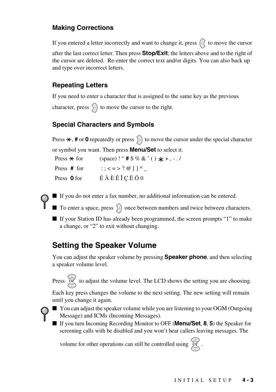 Making corrections, Repeating letters, Special characters and symbols | Setting the speaker volume, Setting the speaker volume -3 | Brother FAX-1575mc User Manual | Page 39 / 116