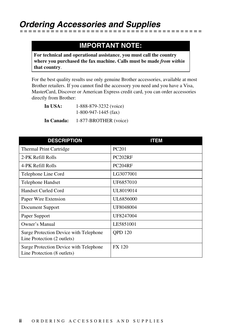 Ordering accessories and supplies | Brother FAX-1575mc User Manual | Page 4 / 116