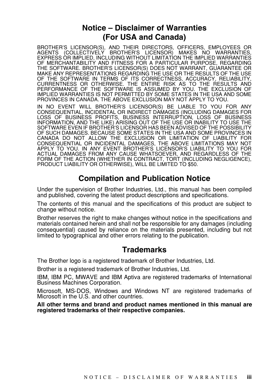 Notice – disclaimer of warranties, Compilation and publication notice, Trademarks | Brother FAX-1575mc User Manual | Page 5 / 116
