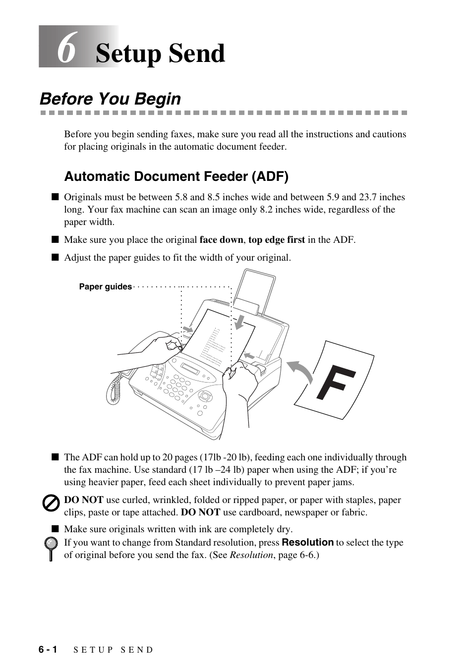 6 setup send, Before you begin, Automatic document feeder (adf) | Setup send -1, Before you begin -1, Automatic document feeder (adf) -1, Setup send | Brother FAX-1575mc User Manual | Page 50 / 116