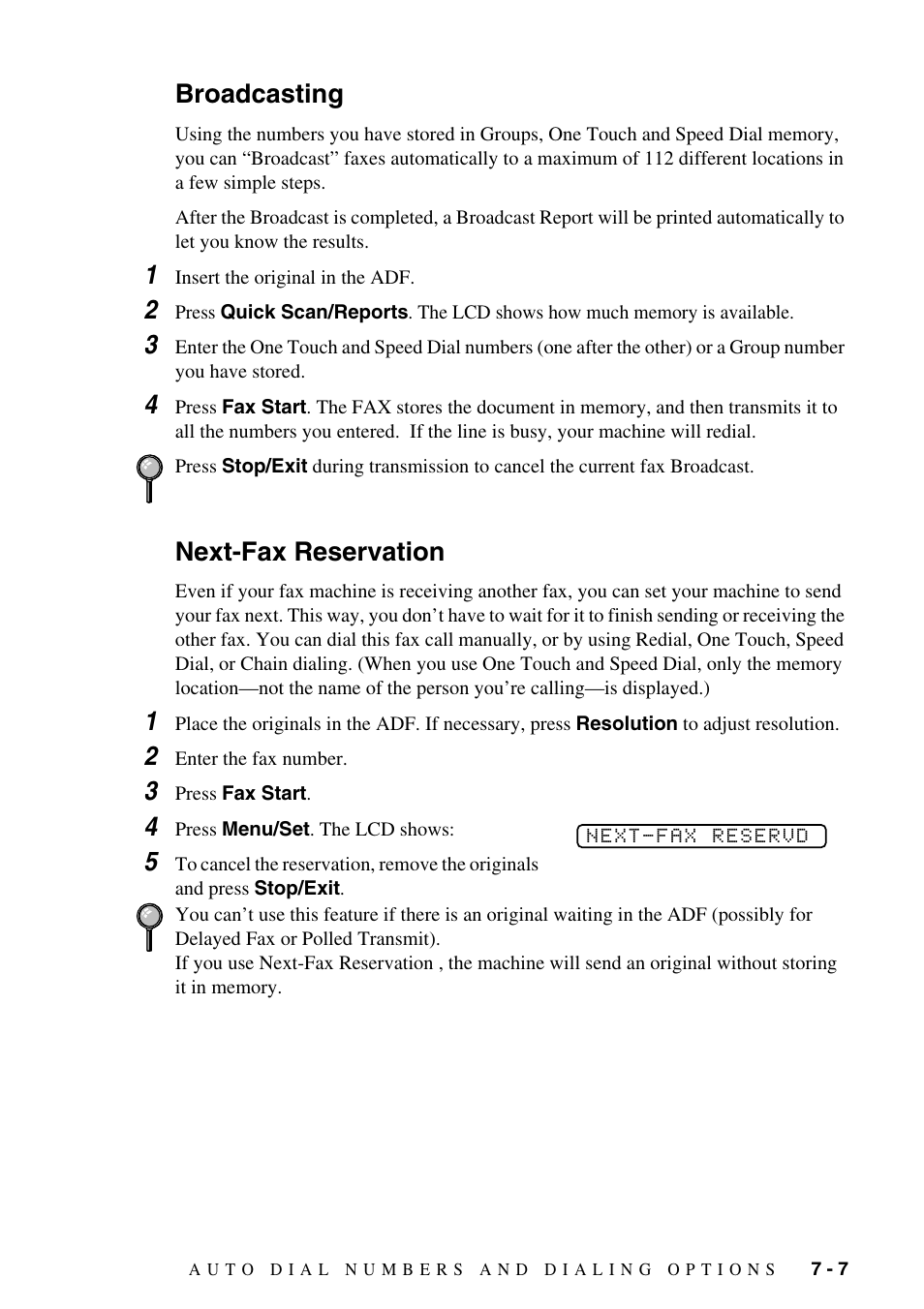 Broadcasting, Next-fax reservation, Broadcasting -7 next-fax reservation -7 | Brother FAX-1575mc User Manual | Page 65 / 116