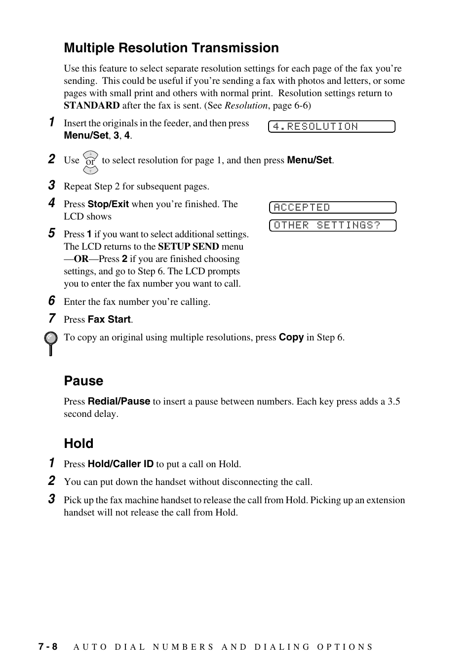 Multiple resolution transmission, Pause, Hold | Hold 1 | Brother FAX-1575mc User Manual | Page 66 / 116