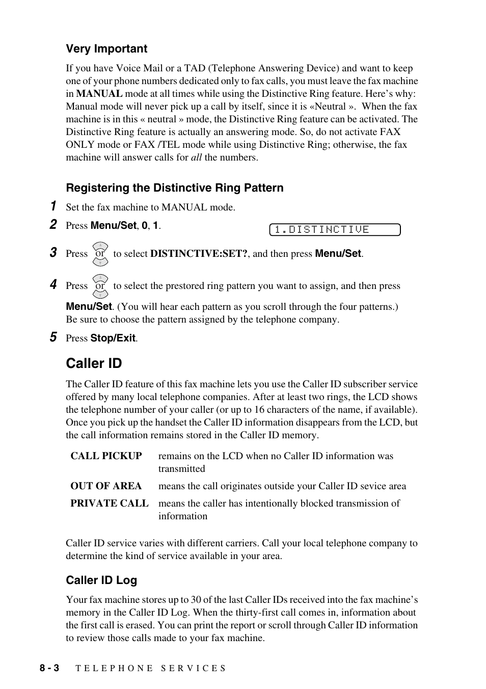 Caller id, Caller id log, Very important | Registering the distinctive ring pattern 1, Caller id -3, Caller id log -3 | Brother FAX-1575mc User Manual | Page 70 / 116