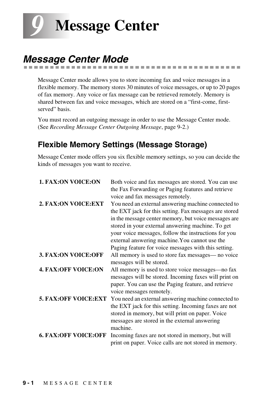 9 message center, Message center mode, Flexible memory settings (message storage) | Message center -1, Message center mode -1, Flexible memory settings (message storage) -1, Message center | Brother FAX-1575mc User Manual | Page 74 / 116