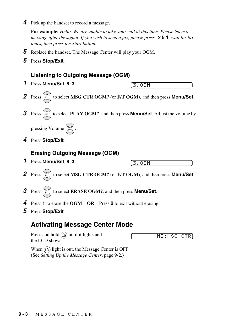 Activating message center mode, Listening to outgoing message (ogm), Erasing outgoing message (ogm) | Activating message center mode -3 | Brother FAX-1575mc User Manual | Page 76 / 116