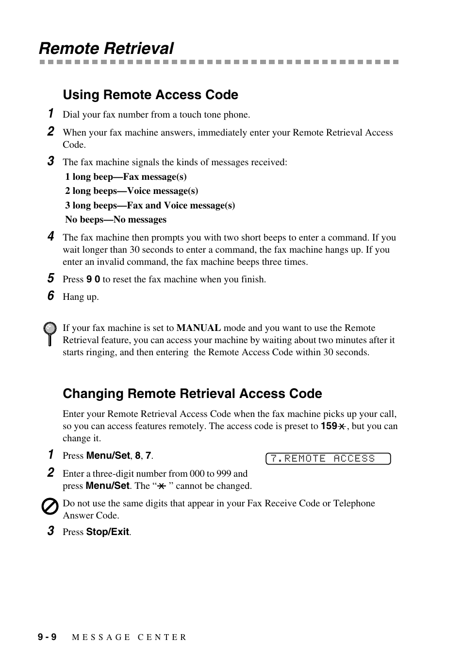 Remote retrieval, Using remote access code, Changing remote retrieval access code | Remote retrieval -9, Using remote access code 1 | Brother FAX-1575mc User Manual | Page 82 / 116