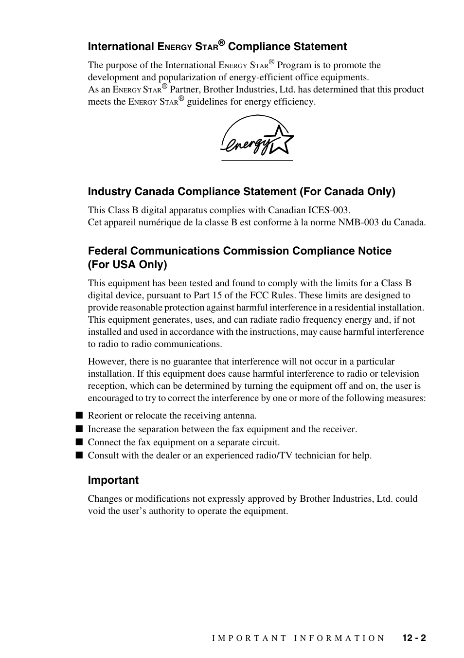 International energy star® compliance statement, Important, International e | Nergy, Industry canada compliance statement, For canada only) -2, Federal communications commission compliance, Notice (for usa only) -2, Important -2, Compliance statement | Brother FAX-1575mc User Manual | Page 91 / 116