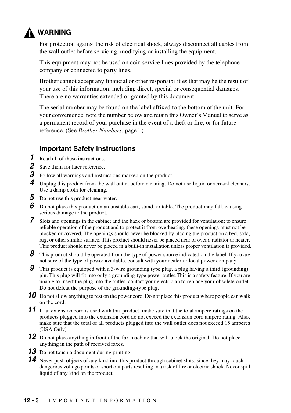 Important safety instructions, Important safety instructions -3 | Brother FAX-1575mc User Manual | Page 92 / 116