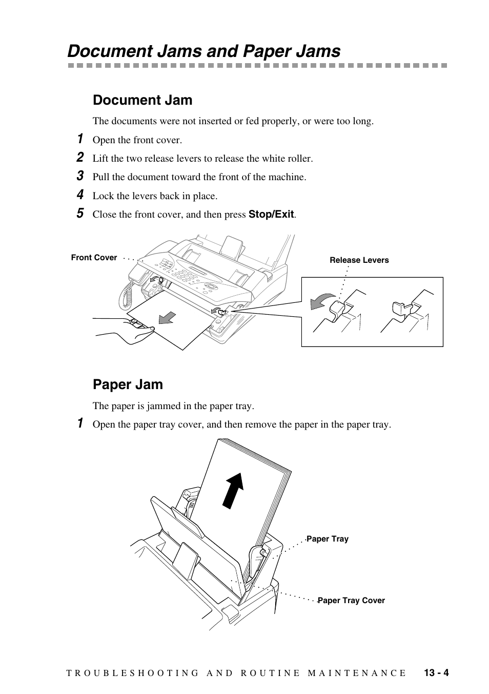 Document jams and paper jams, Document jam, Paper jam | Document jams and paper jams -4, Document jam -4 paper jam -4 | Brother FAX-1575mc User Manual | Page 97 / 116