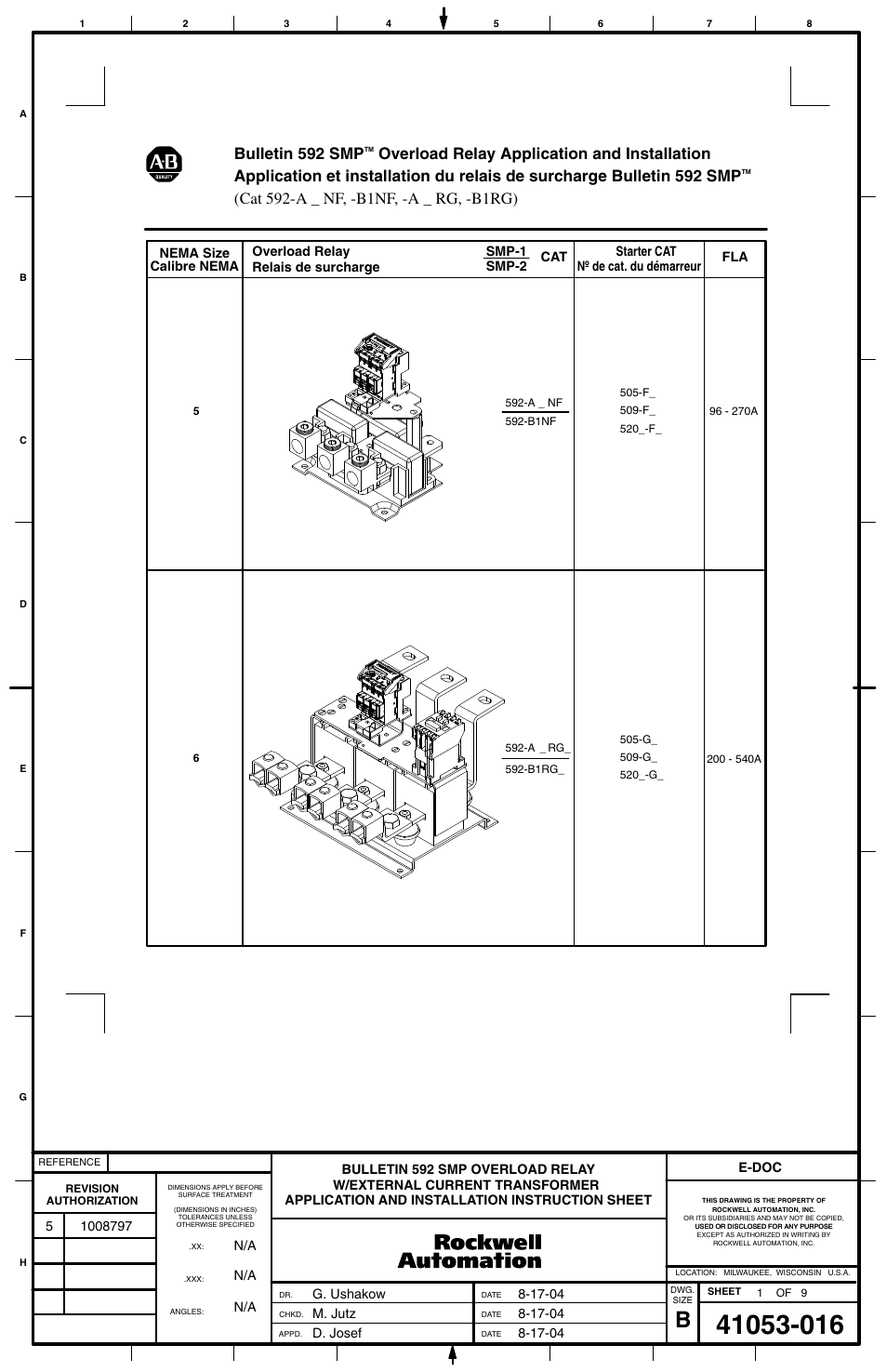 Rockwell Automation 592-AxNF  592-B1NF  592-AxRGx  592-B1RGx Bul 592 SMP Overload Relay Application w/External Current Transformer User Manual | 8 pages