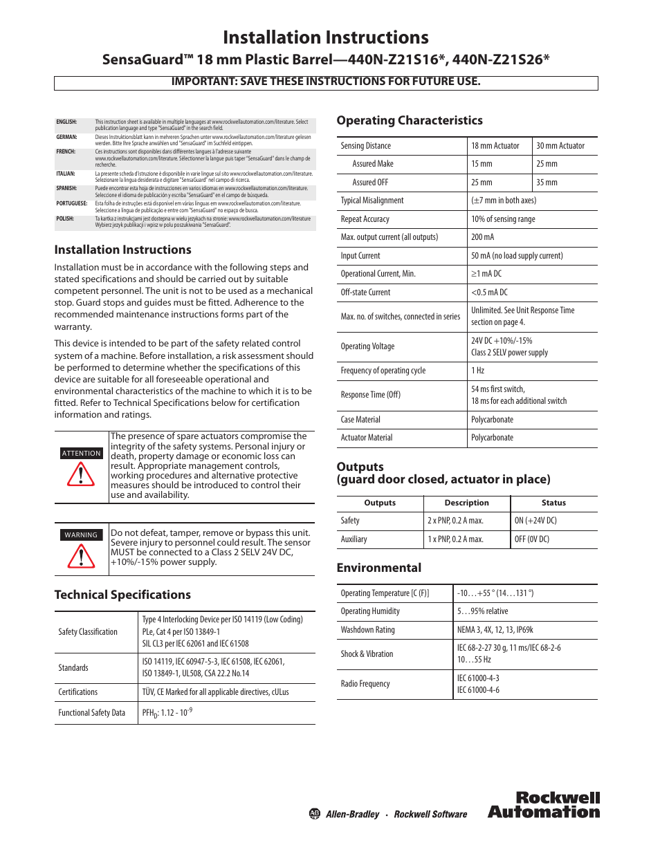 Rockwell Automation 440N SensaGuard 18 mm Plastic Barrel Installation Instructions User Manual | 8 pages