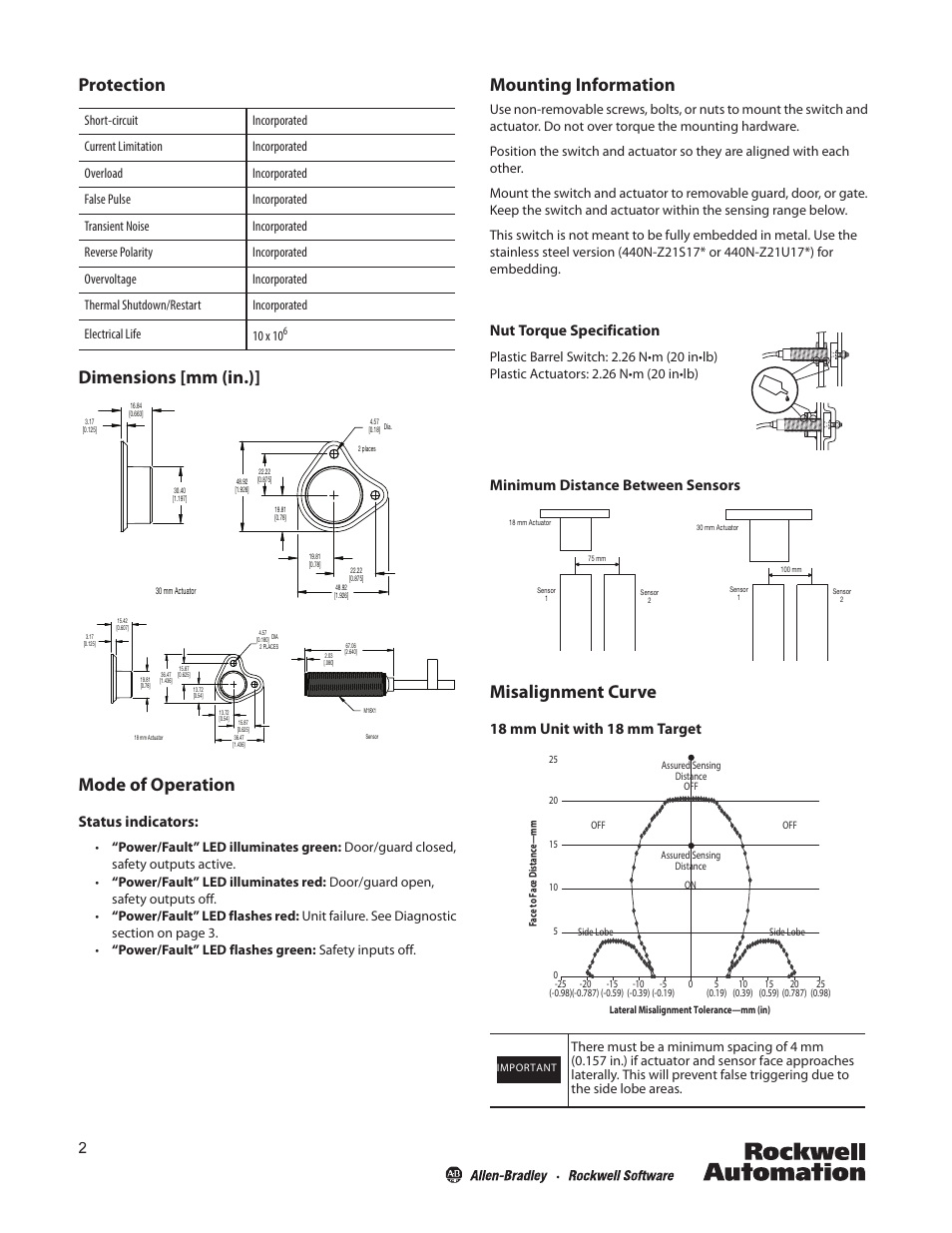 Protection, Dimensions [mm (in.), Mode of operation | Status indicators, Mounting information, Nut torque specification, Minimum distance between sensors, Misalignment curve, 18 mm unit with 18 mm target, Protection dimensions [mm (in.)] mode of operation | Rockwell Automation 440N SensaGuard 18 mm Plastic Barrel Installation Instructions User Manual | Page 2 / 8